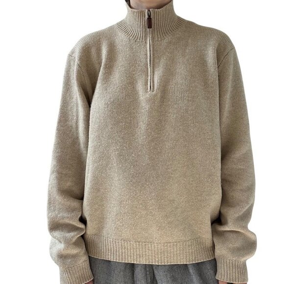 Vintage 1990s Polo Ralph Lauren Tan 100% Lambswool Quarter Zip Oversized Sweater - Picture 6 of 6